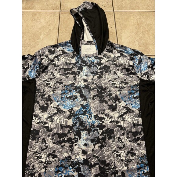 Huk Shirt Mens XXL Blue Camo Geometric Fishing Vented Hooded Pullover UPF - Picture 1 of 7